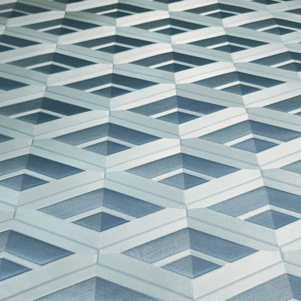 Geometric patterned wallpaper with blue and white design