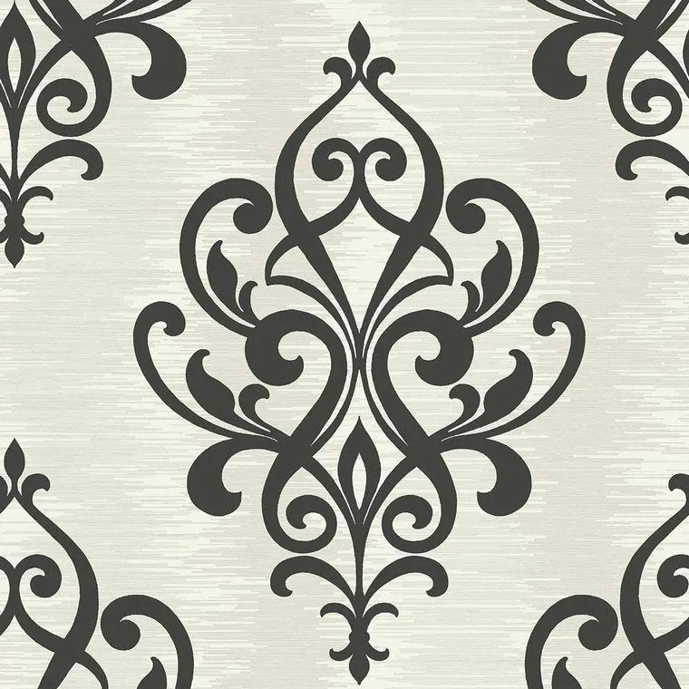 Closeup of a wallpaper showing its Damask, Monochrome, Neutrals, Two-tone pattern, color, and subtle texture.