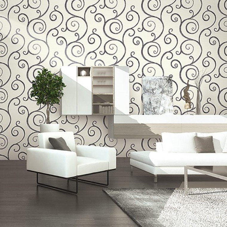 Closeup of a wallpaper showing its Black, Cream, Monochrome, Neutrals, Waves pattern, color, and subtle texture.