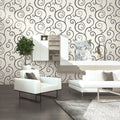 Wallpaper installed in a room showing its full pattern, color