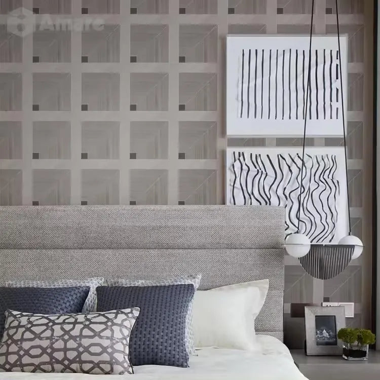 Closeup of a wallpaper showing its Geometric, Neutrals, Wood-veneer pattern, color, and subtle texture.