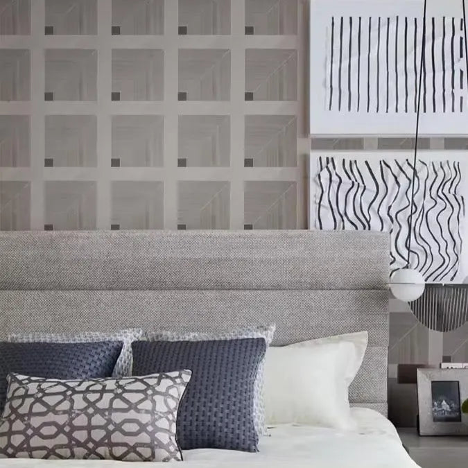 Closeup of a wallpaper showing its Black, Geometric, Wood-veneer pattern, color, and subtle texture.