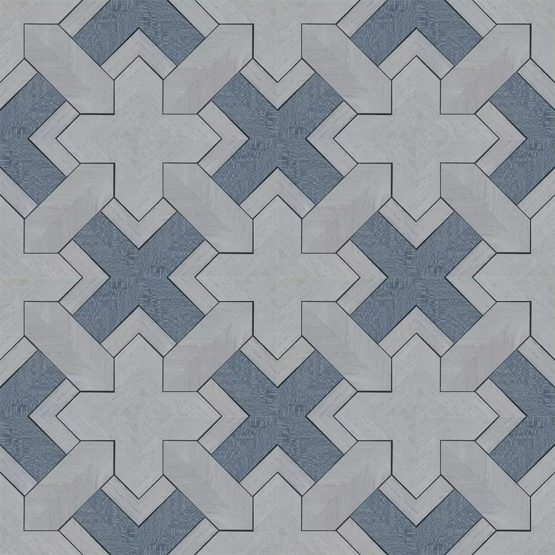 Closeup of a wallpaper showing its Blue, Geometric, Monochrome, Wood-veneer pattern, color, and subtle texture.