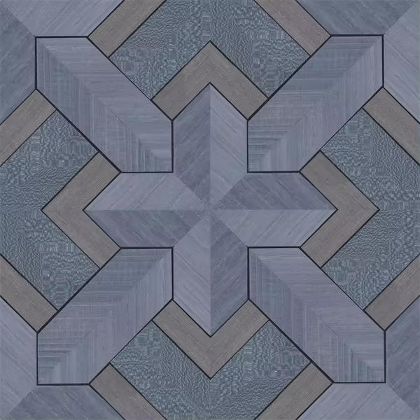 Closeup of a wallpaper showing its Blue, Geometric, Wood-veneer pattern, color, and subtle texture.