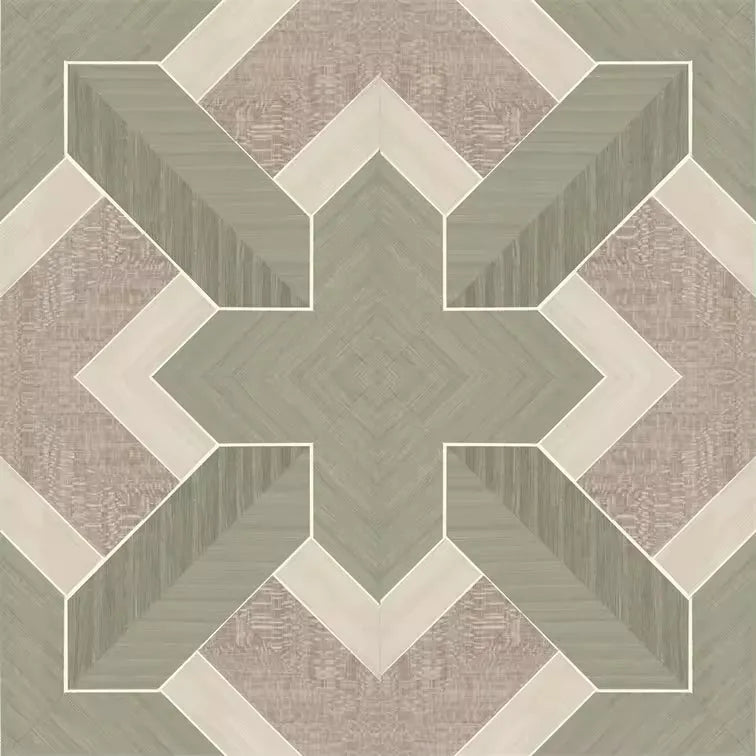 Closeup of a wallpaper showing its Geometric, Green, Wood-veneer pattern, color, and subtle texture.