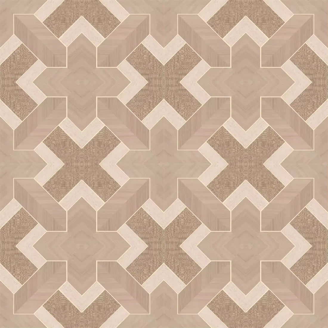 Closeup of a wallpaper showing its Brown, Geometric, Neutrals, Wood-veneer pattern, color, and subtle texture.