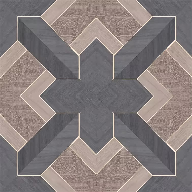 Closeup of a wallpaper showing its Black, Brown, Geometric, Wood-veneer pattern, color, and subtle texture.