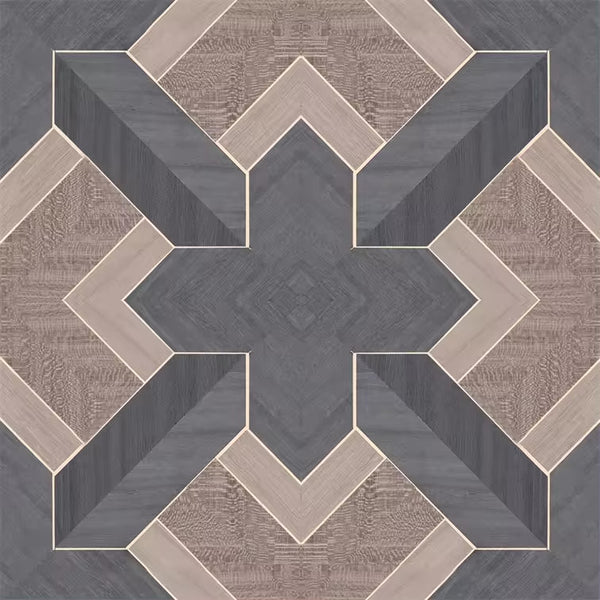 Closeup of a wallpaper showing its Black, Brown, Geometric, Wood-veneer pattern, color, and subtle texture.