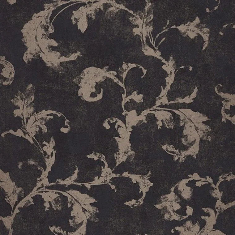 Closeup of a wallpaper showing its Dramatic, Floral, Two-tone pattern, color, and subtle texture.