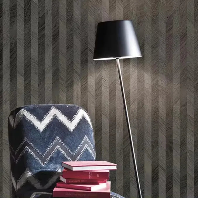 Closeup of a wallpaper showing its Black, Geometric, Wood-veneer pattern, color, and subtle texture.