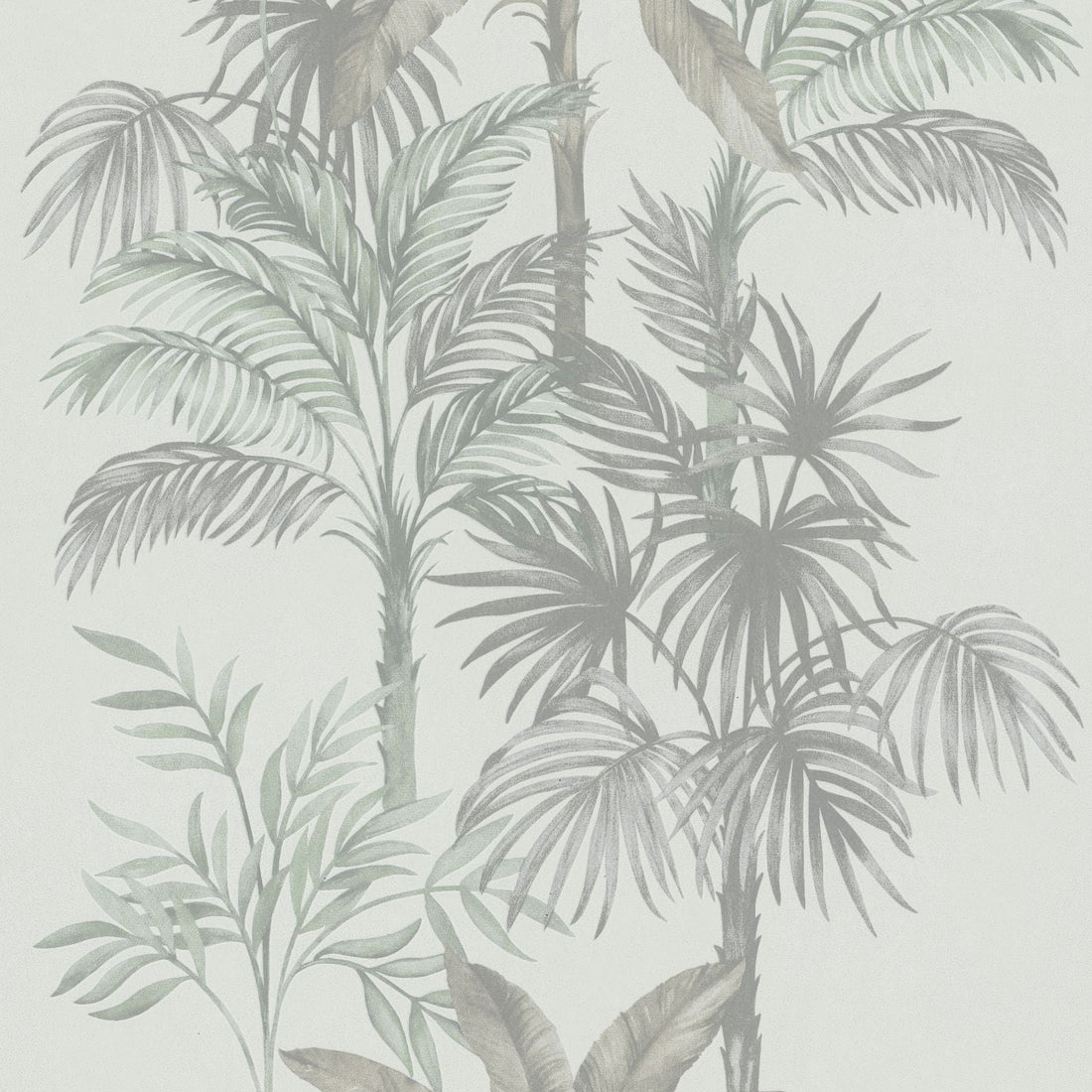 Marburg Leyla 82457 Gray and green palm-tree wallpaper on a light background behind a green cabinet with decor, framed abstract art, a boucle lounge chair, a small wooden side table with a coffee set, and a black floor lamp.