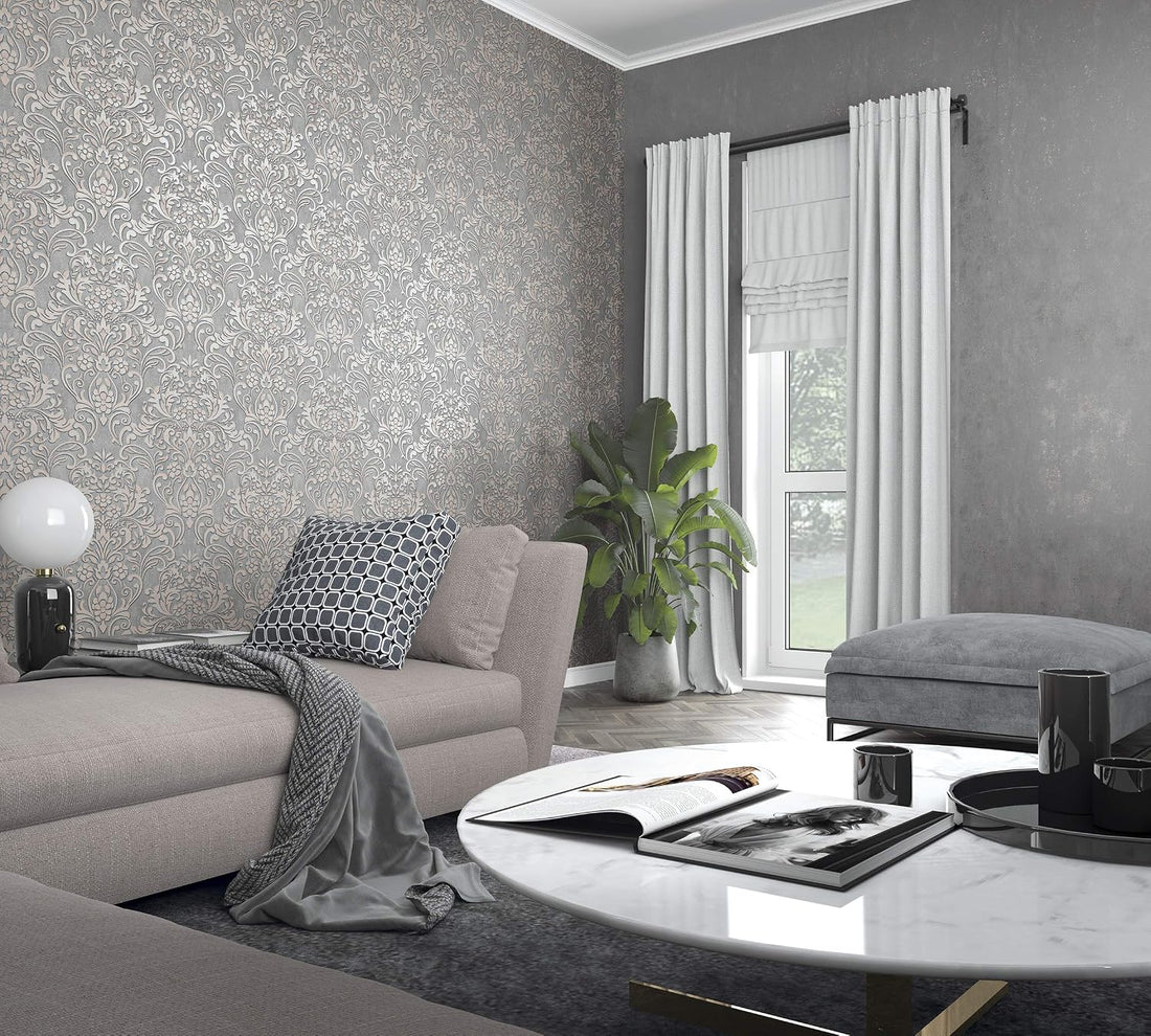 Marburg City Glam 32604 grey ornamental damask wallpaper with soft blush accents on a stone-look ground.