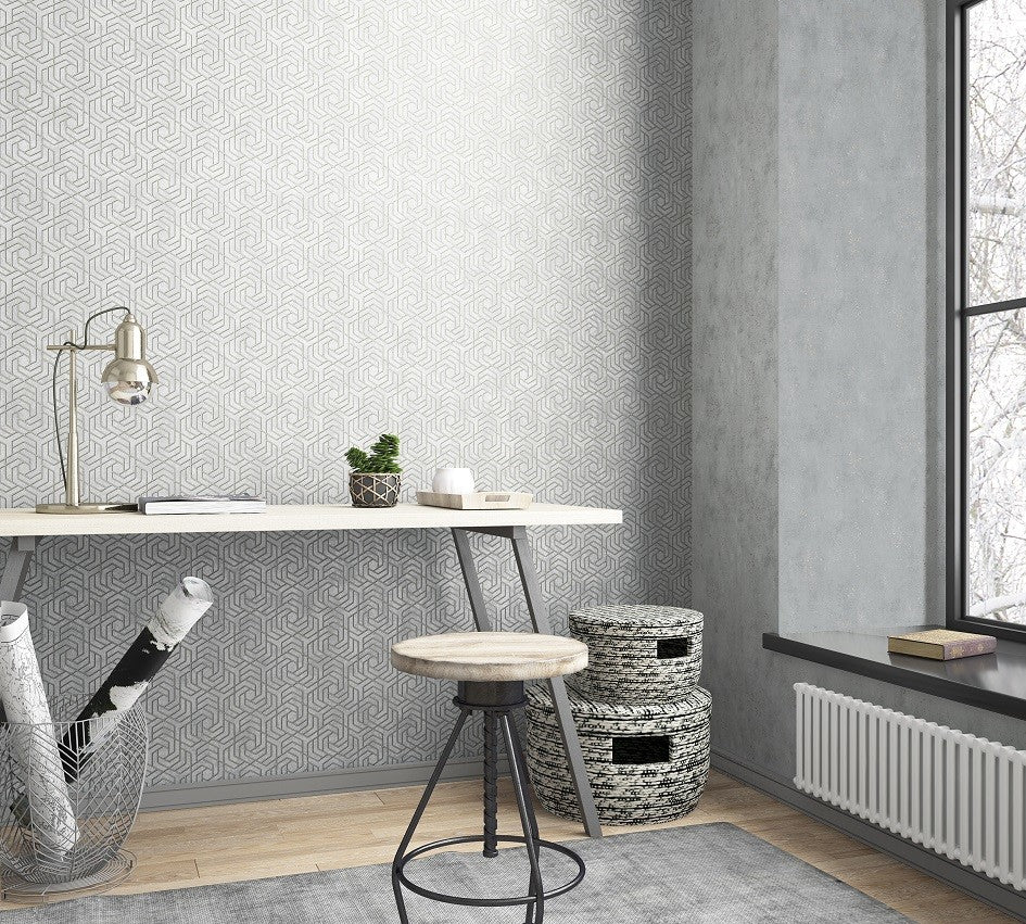 Marburg City Glam 32606 crisp white geometric wallpaper with a subtle polygonal lattice pattern