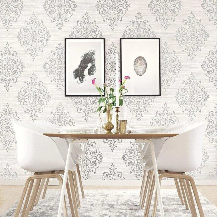 Wallpaper installed in a room showing its full pattern, color