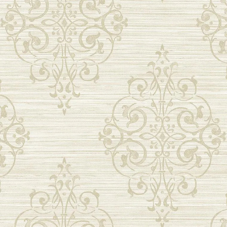 Closeup of a wallpaper showing its Cream, Damask, Neutrals, Vinyl pattern, color, and subtle texture.