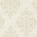 Closeup of a wallpaper showing its Cream, Damask, Neutrals, Vinyl pattern, color, and subtle texture.