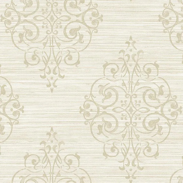 Closeup of a wallpaper showing its Cream, Damask, Neutrals, Vinyl pattern, color, and subtle texture.