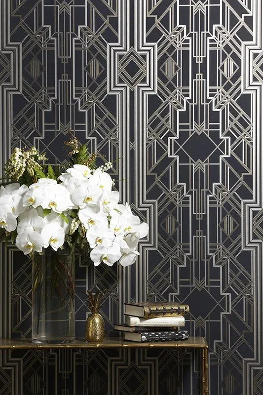 Closeup of a wallpaper showing its Art-Deco, Contemporary, Dramatic, Geometric, Two-tone pattern, color, and texture.