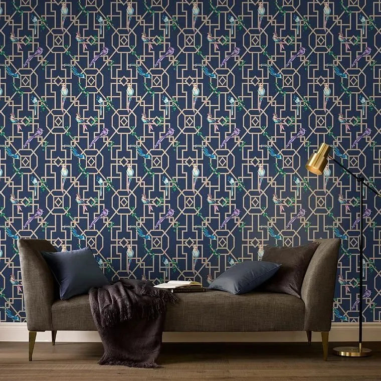 Closeup of a wallpaper showing its Art-Deco, Birds, Blue, Contemporary, Geometric pattern, color, and subtle texture.