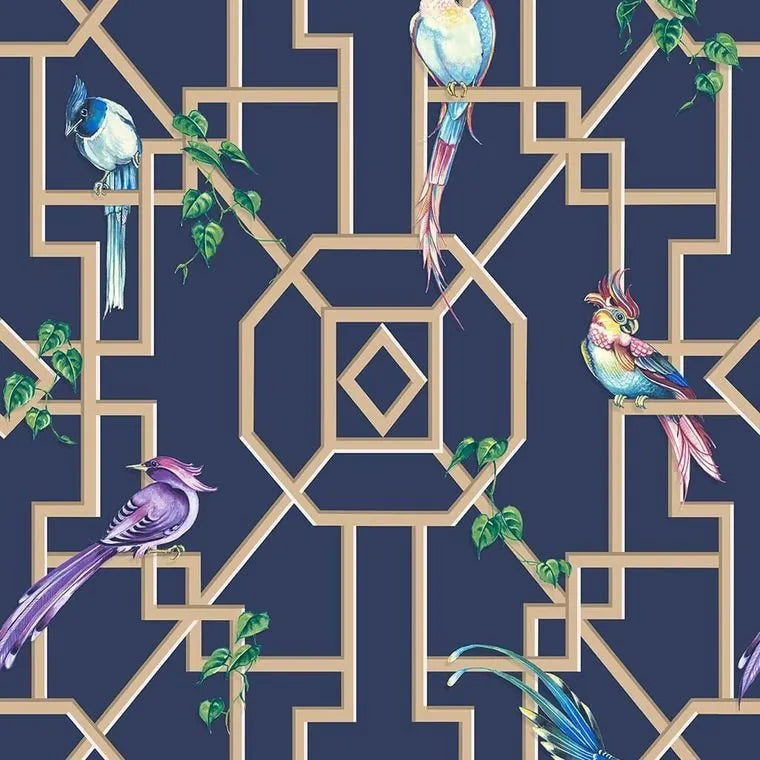 Closeup of a wallpaper showing its Art-Deco, Birds, Blue, Contemporary, Geometric pattern, color, and subtle texture.