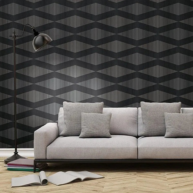 Closeup of a wallpaper showing its Black, Contemporary, Geometric, Monochrome pattern, color, and subtle texture.