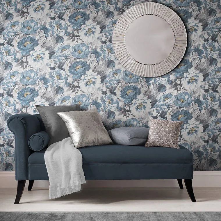 Wallpaper installed in a room showing its full pattern, color