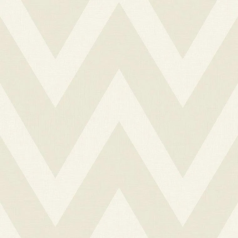 Closeup of a wallpaper showing its Chevron, Cream, Neutrals, Paperweave, Two-tone pattern, color, and subtle texture.