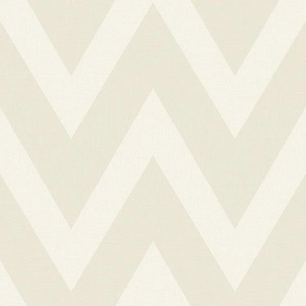 Closeup of a wallpaper showing its Chevron, Cream, Neutrals, Paperweave, Two-tone pattern, color, and subtle texture.