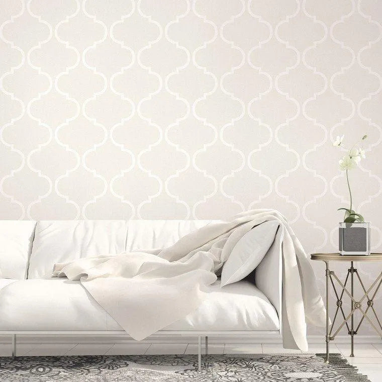 Closeup of a wallpaper showing its Cream, Neutrals, Trellis, Unicolour, Vinyl pattern, color, and subtle texture.