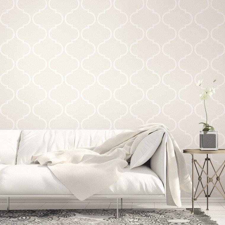 Closeup of a wallpaper showing its Monochrome, Trellis, Unicolour, Vinyl pattern, color, and subtle texture.