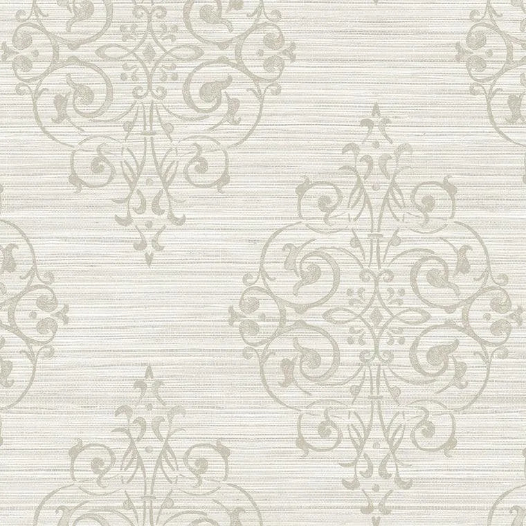 Closeup of a wallpaper showing its Damask, Neutrals, Vinyl pattern, color, and subtle texture.