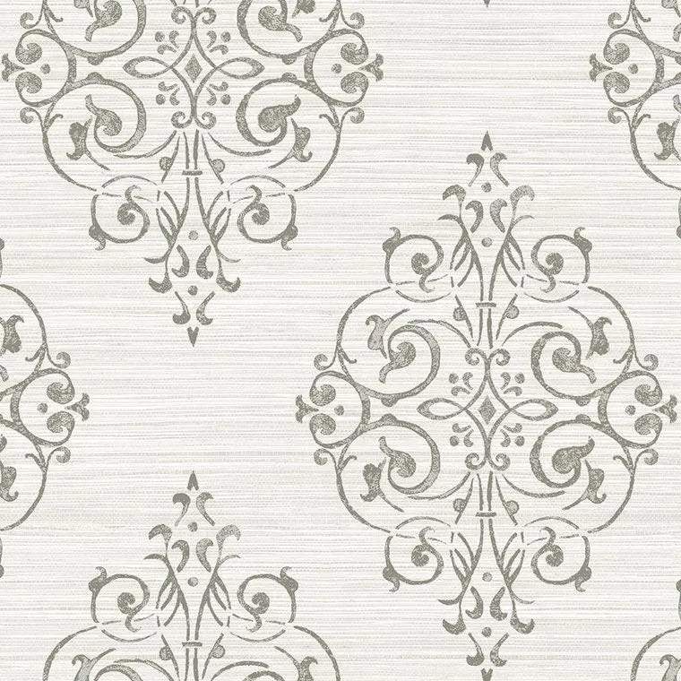 Closeup of a wallpaper showing its Damask, Neutrals, Two-tone, Vinyl pattern, color, and subtle texture.