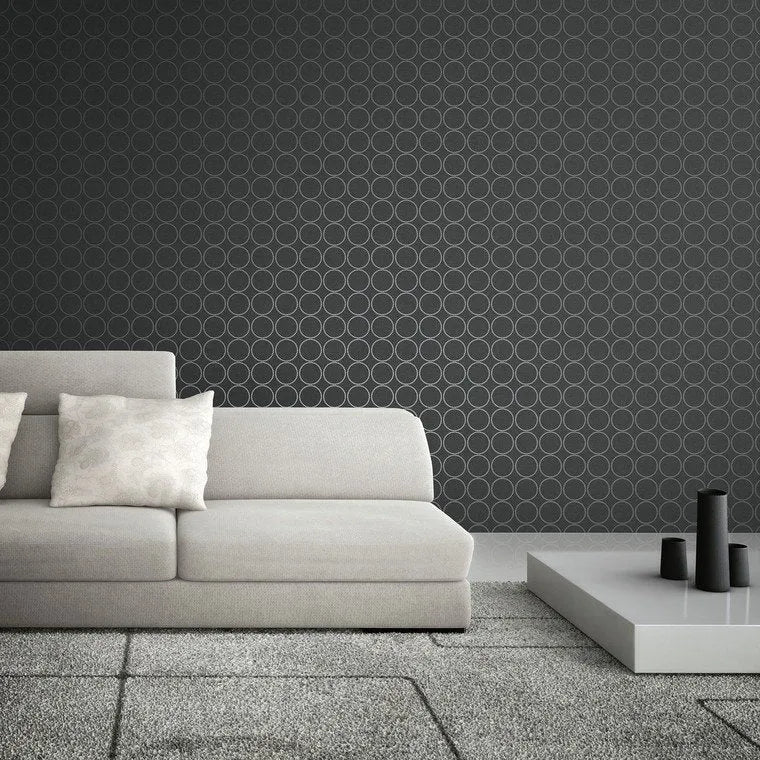 Closeup of a wallpaper showing its Black, Circles, Contemporary, Monochrome pattern, color, and subtle texture.