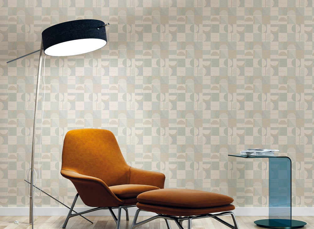 Geometric pattern with shapes in shades of gray and beige on a textured background