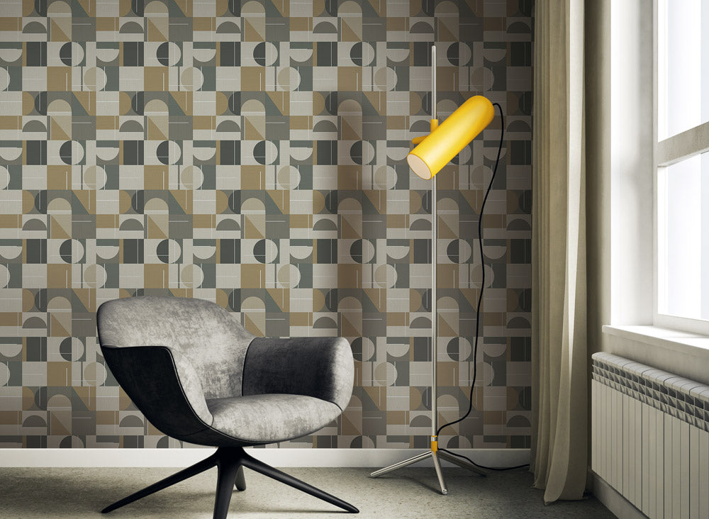 Geometric pattern with shapes in brown, gray, and beige on a textured background