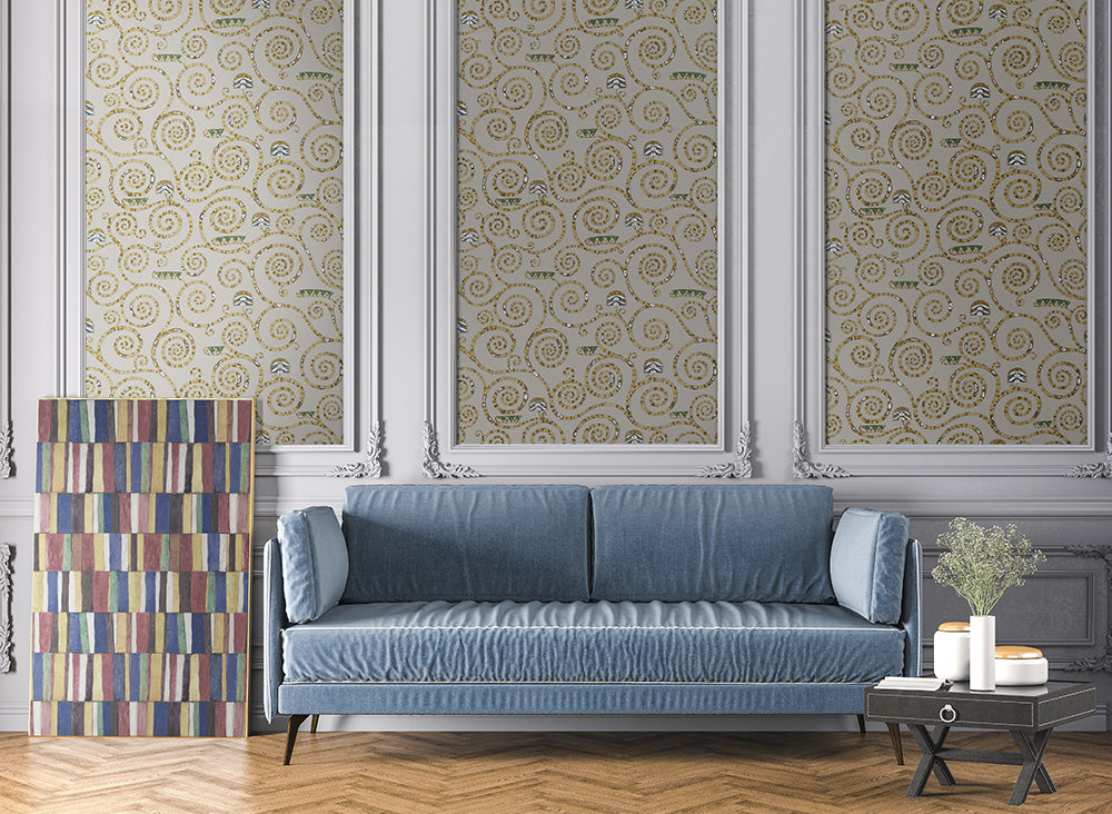 Decorative pattern with spirals and geometric shapes on a light green background