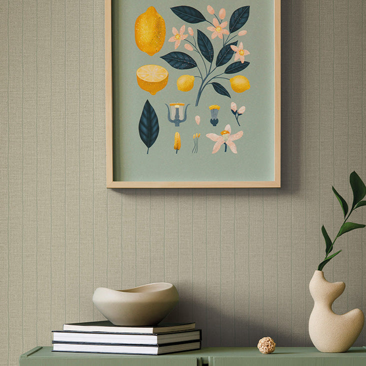 Room with subtle pin stripe wallpaper on taupe background