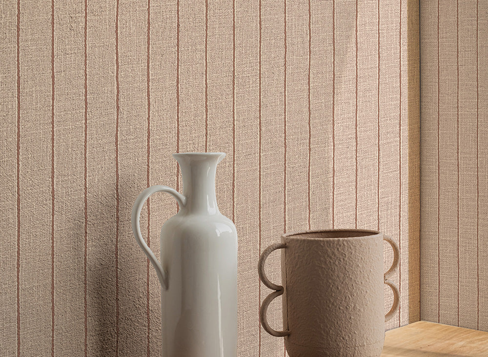 Textured fabric with vertical brown stripes on a beige background