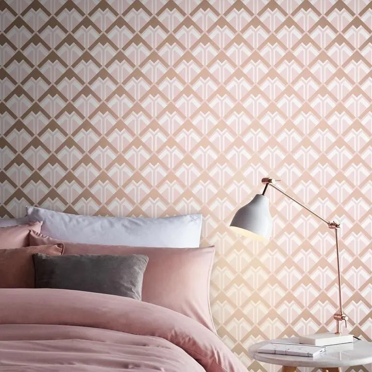 Closeup of a wallpaper showing its Art-Deco, Contemporary, Geometric, Gold, Metallic, Pink pattern, color, and subtle texture.