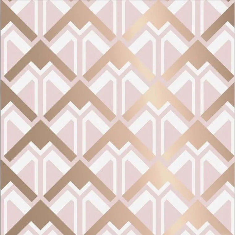 Closeup of a wallpaper showing its Art-Deco, Contemporary, Geometric, Gold, Metallic, Pink pattern, color, and subtle texture.