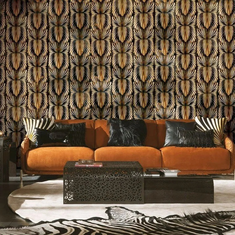 Closeup of a wallpaper showing its Art-Deco, Black, Gold, Luxury, Textures, Vinyl pattern, color, and subtle texture.