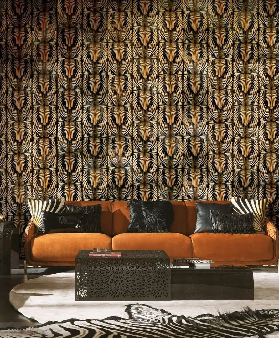 Wallpaper installed in a room showing its full pattern, color