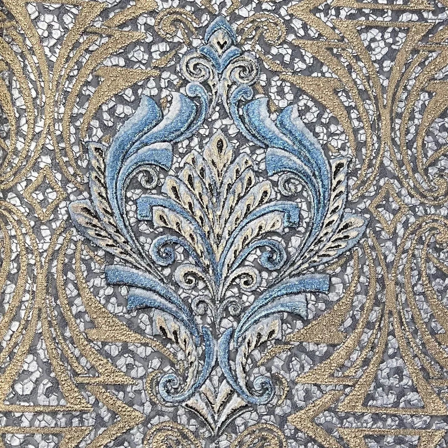 Closeup of a wallpaper showing its Blue, Damask, Gold, Luxury, Textures, Vinyl pattern, color, and subtle texture.