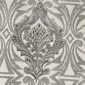 Closeup of a wallpaper showing its Damask, Luxury, Silver, Textures, Vinyl pattern, color, and subtle texture.