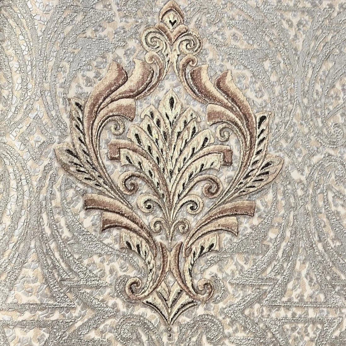 Closeup of a wallpaper showing its Damask, Gold, Luxury, Neutrals, Textures, Vinyl pattern, color, and subtle texture.