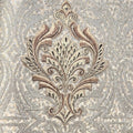 Closeup of a wallpaper showing its Damask, Gold, Luxury, Neutrals, Textures, Vinyl pattern, color, and subtle texture.