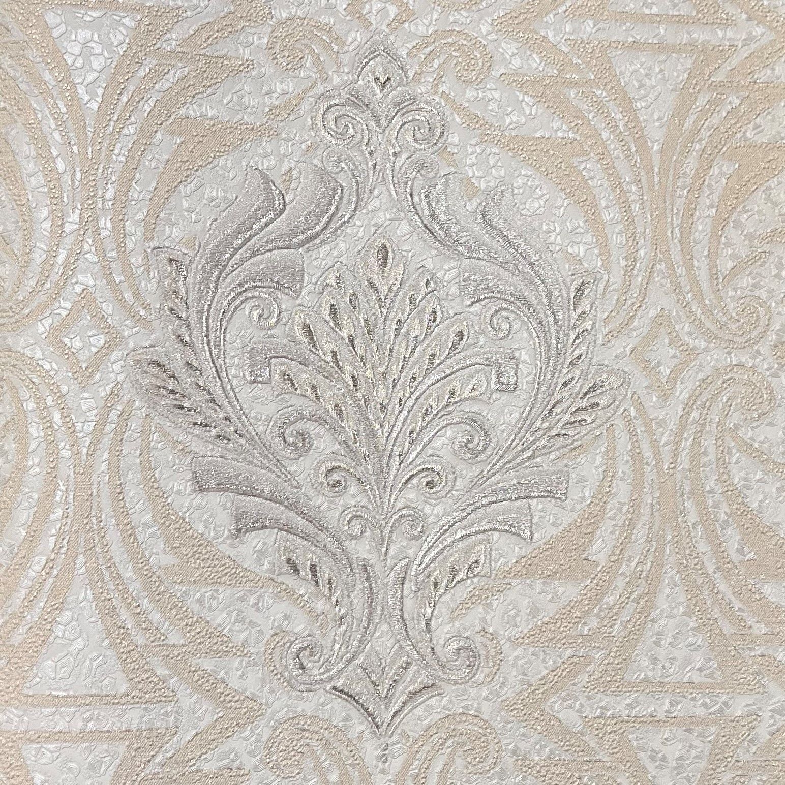 Closeup of a wallpaper showing its Damask, Luxury, Neutrals, Silver, Textures, Vinyl pattern, color, and subtle texture.