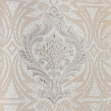 Closeup of a wallpaper showing its Damask, Luxury, Neutrals, Silver, Textures, Vinyl pattern, color, and subtle texture.