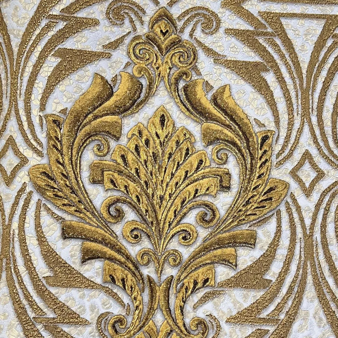 Closeup of a wallpaper showing its Damask, Gold, Luxury, Textures, Vinyl pattern, color, and subtle texture.