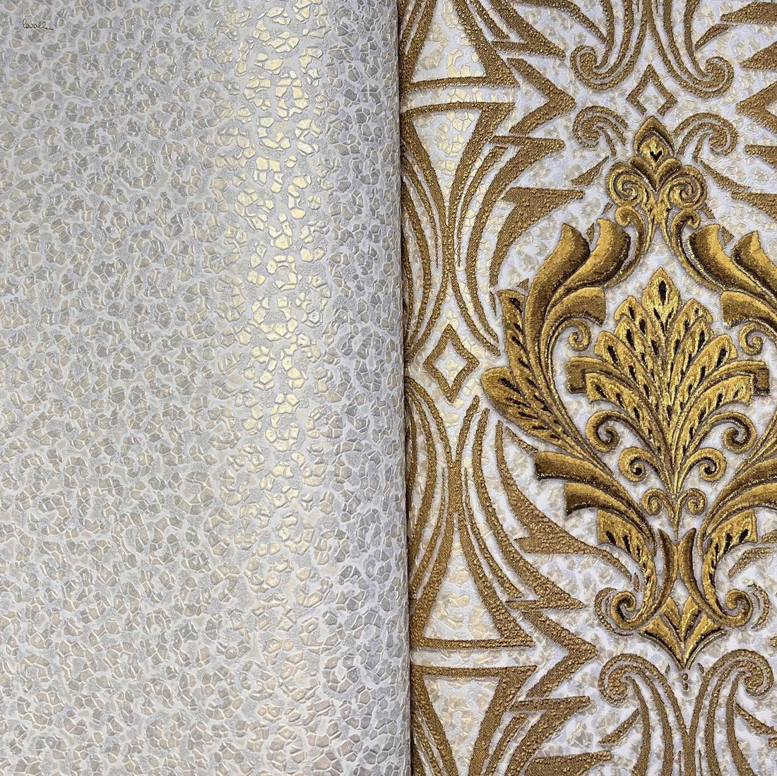 Closeup of a wallpaper showing its Damask, Gold, Luxury, Textures, Vinyl pattern, color, and subtle texture.